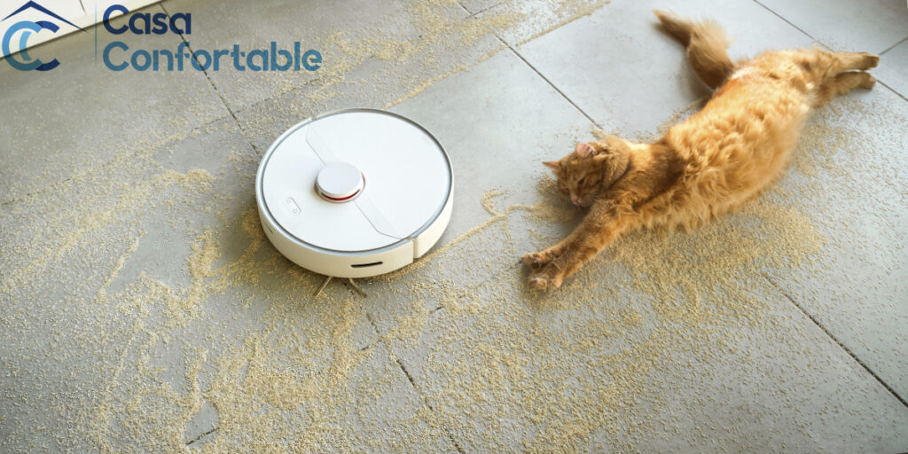 Robot aspirador recogiendo pelos de mascota del suelo
