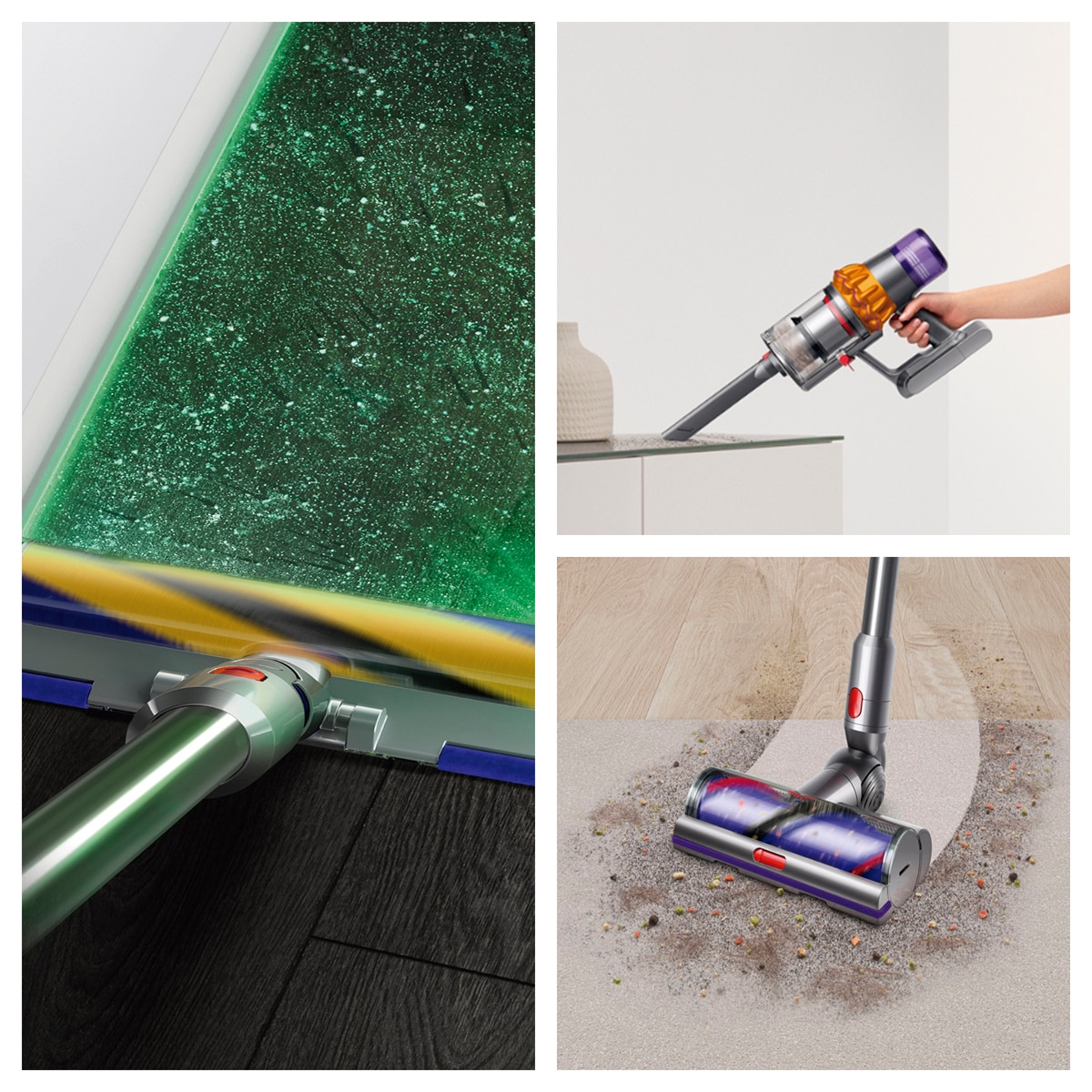 Dyson V15 Detect Absolute 26 en suelo duro, modo de mano y alfombra