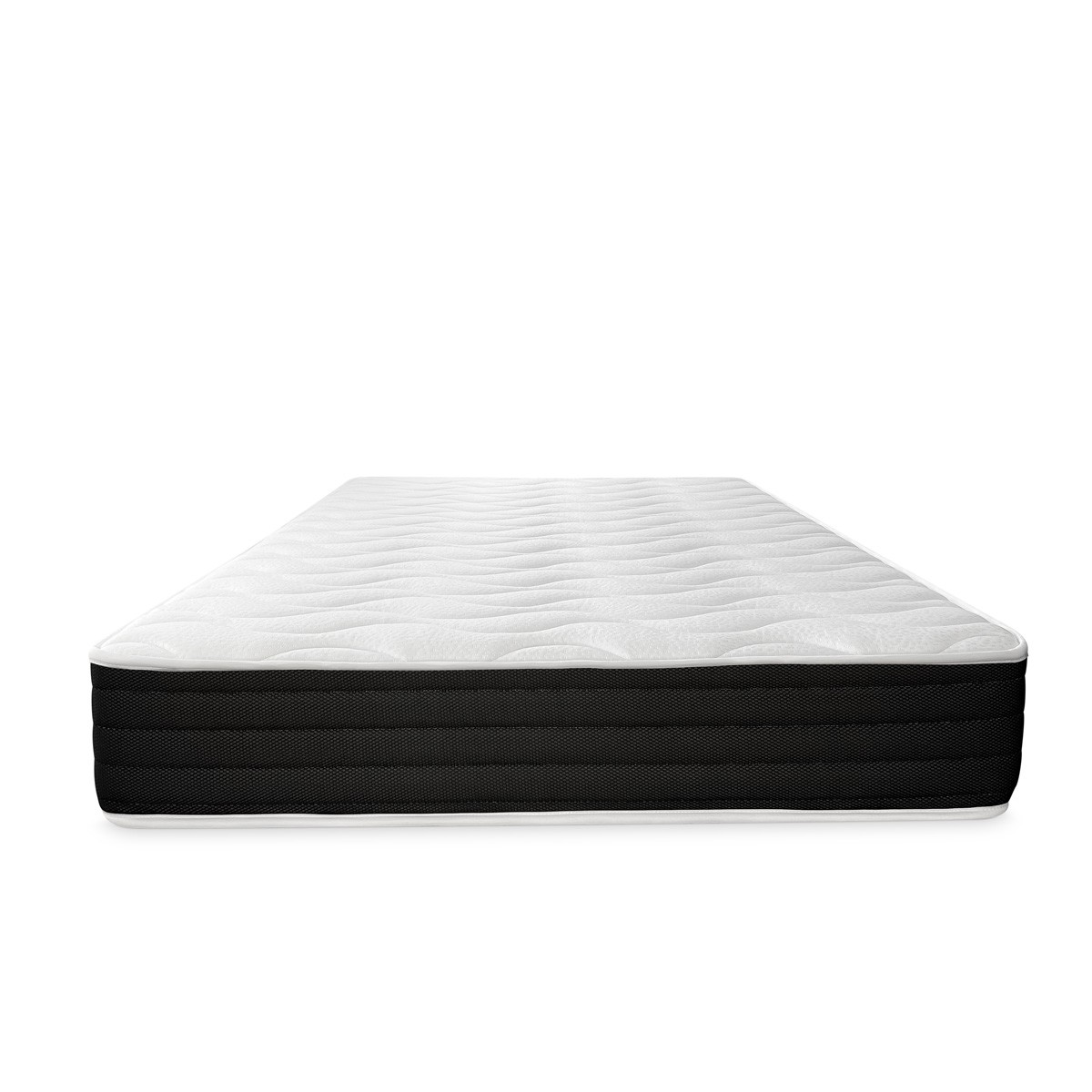 Vista lateral del colchón Duérmete Online Pocket Visco con acolchado blanco y banda negra