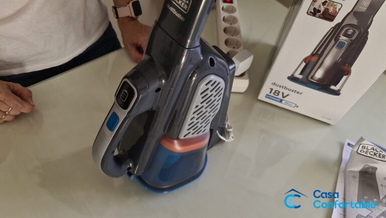 Black+Decker dustbuster 18V junto a su caja, que indica 36 Wh de batería de litio