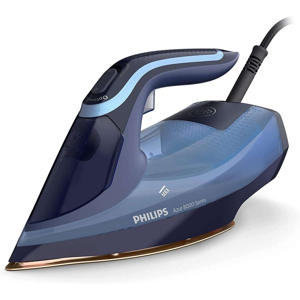 Plancha de vapor Philips Azur 8000 DST8020 vista de perfil, con la suela SteamGlide