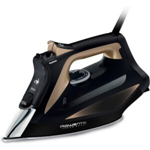 Plancha de vapor Rowenta Focus Excel DW5325 en negro y dorado, vista de perfil