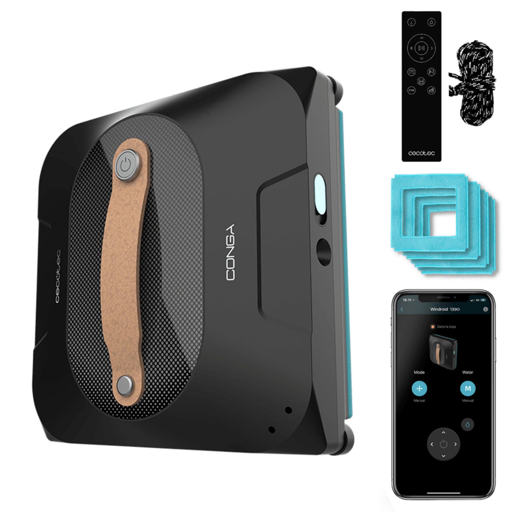Cecotec Conga Windroid 1390 Double Spray Connected con su mando, cuerda de seguridad y cuatro mopas de recambio