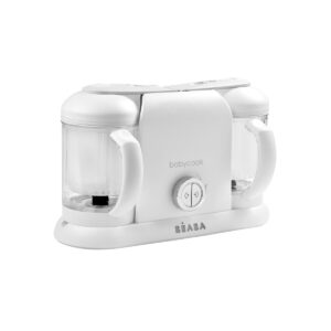 Béaba Babycook Duo blanco con sus dos jarras de 1,1 litros sobre la base