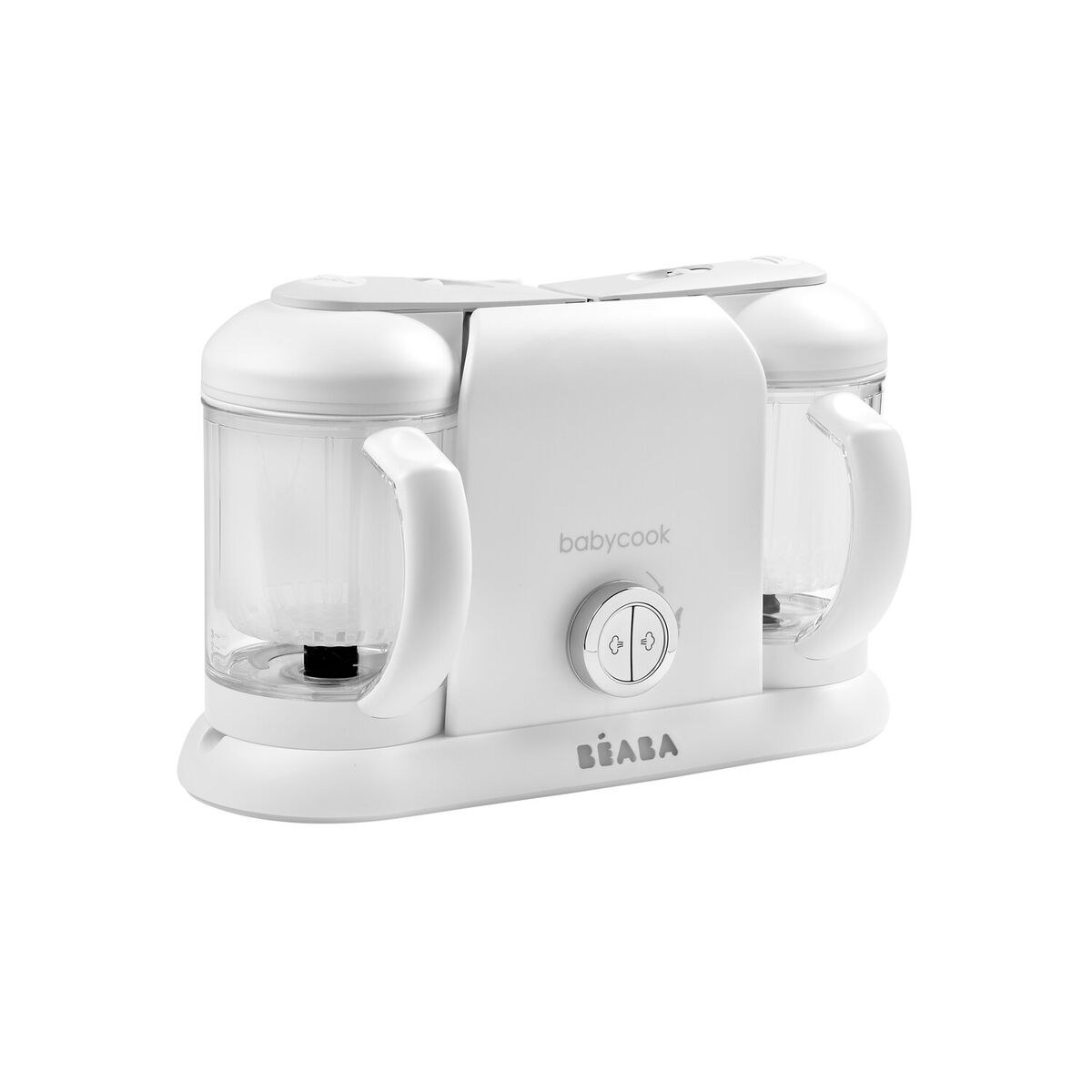 Béaba Babycook Duo blanco con sus dos jarras de 1,1 litros sobre la base
