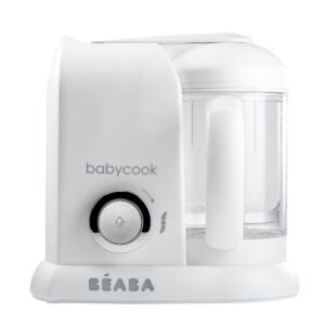 Béaba Babycook Solo blanco y plata visto de frente, con la jarra montada