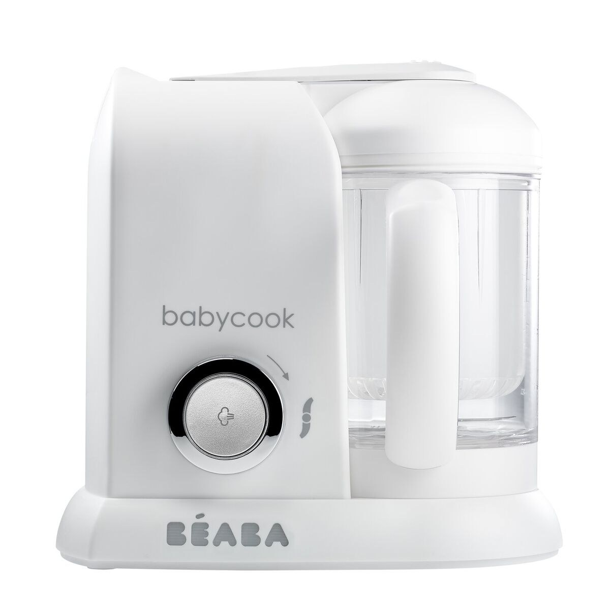 Béaba Babycook Solo blanco y plata visto de frente, con la jarra montada