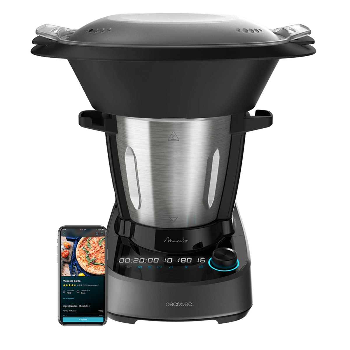 El Mambo 11090 con la jarra de acero, el vaporizador encima y la app de recetas al lado