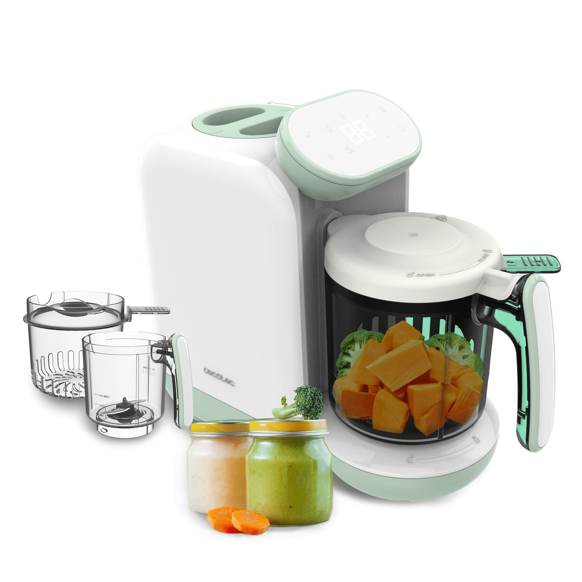 Cecotec Nana BabyCare con la jarra llena de calabaza y brócoli, junto a sus accesorios y dos tarros de puré