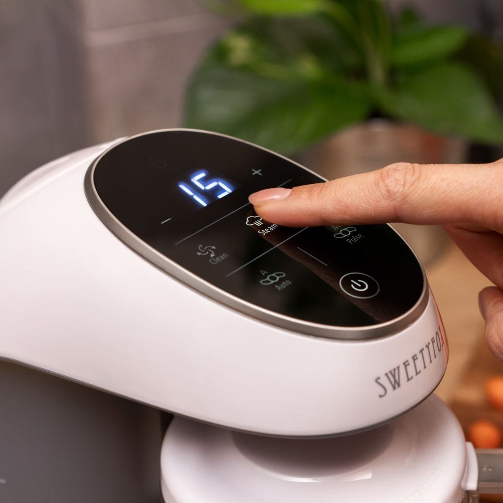 Panel táctil del Sweety Fox marcando quince minutos, con las teclas de vapor, pulso, automático y limpieza