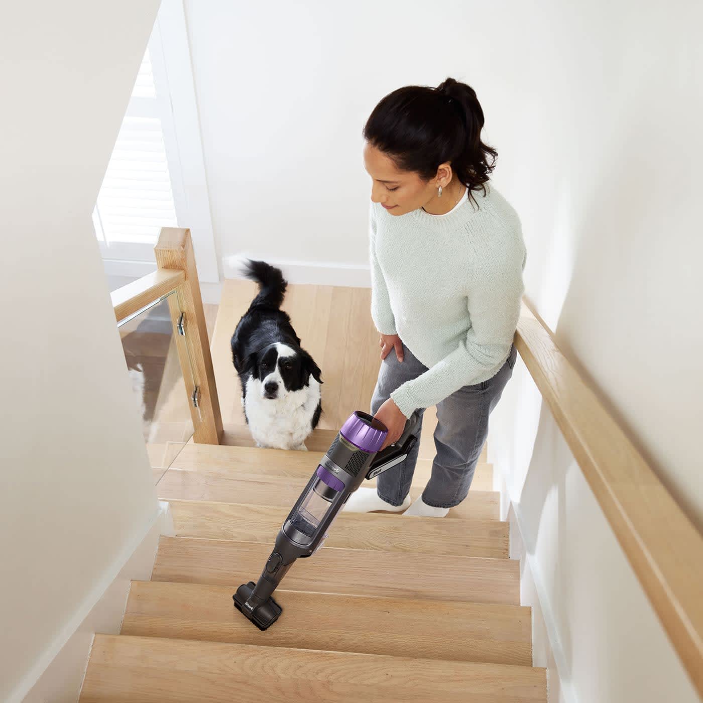 Shark IP3251EUT en modo de mano con minicepillo sobre una escalera